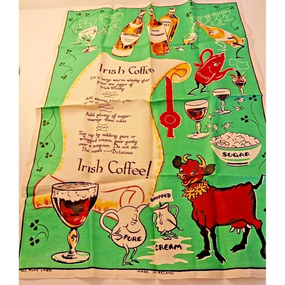 Vintage Irish All Pure Linen Tea Towel Irish Coffee Recipe Fast Colours Not Used - Picture 1 of 9